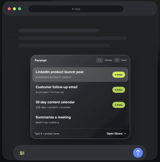Parampt prompt picker listing saved prompts after typing $li in an AI chat message field