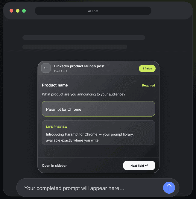 Parampt variable editor asking for a product name with a live preview of the finished prompt